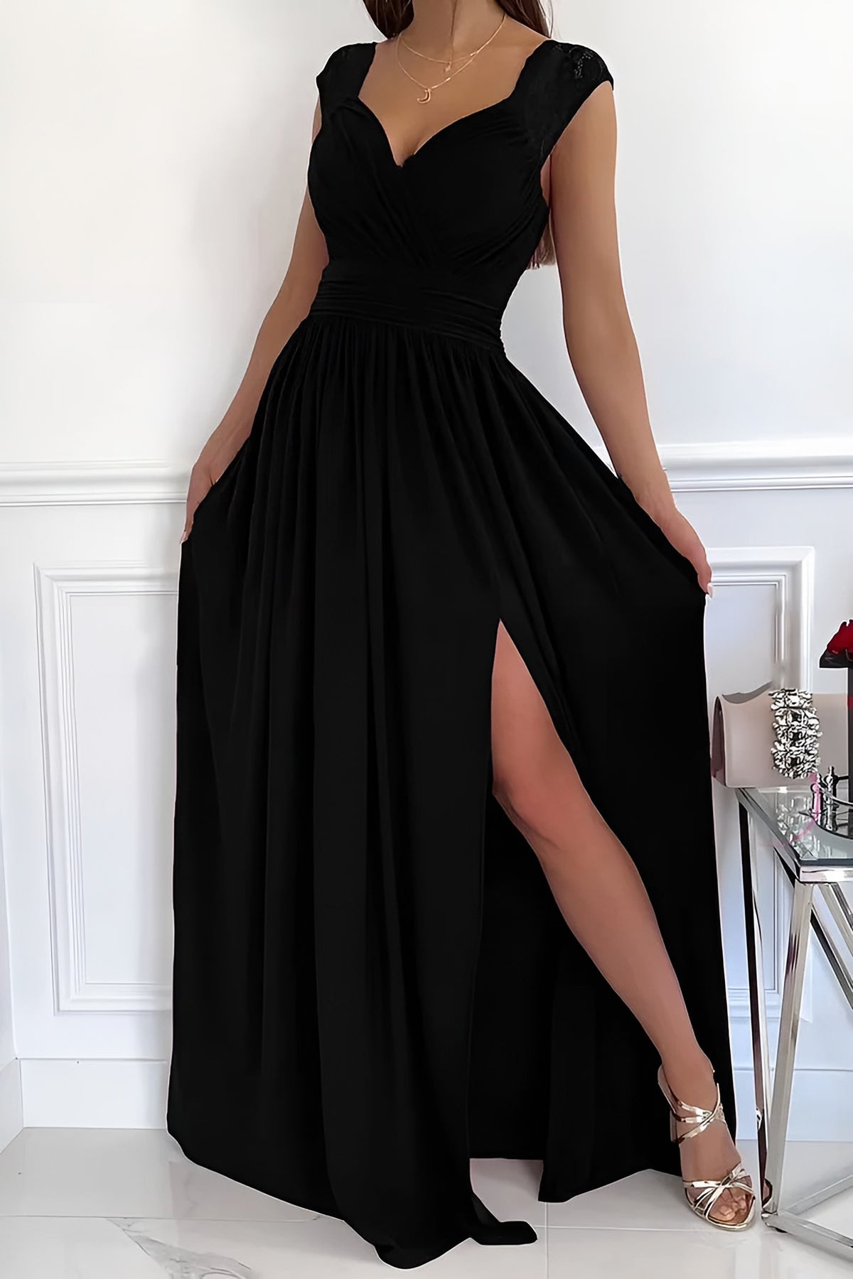 Galajurk dames chiffon in zwart, vooraanzicht