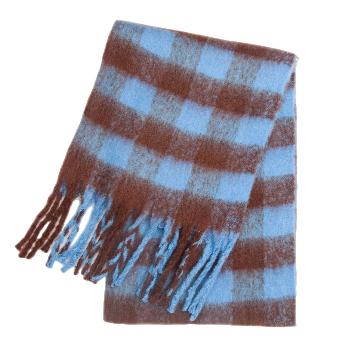 Dikke geblokte damessjaal met grote ruit en dikke franjes - blauw/bruin