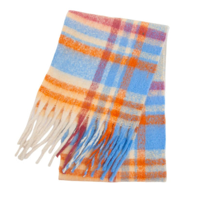 Dikke geblokte damessjaal met grote ruit en dikke franjes - oranje/blauw