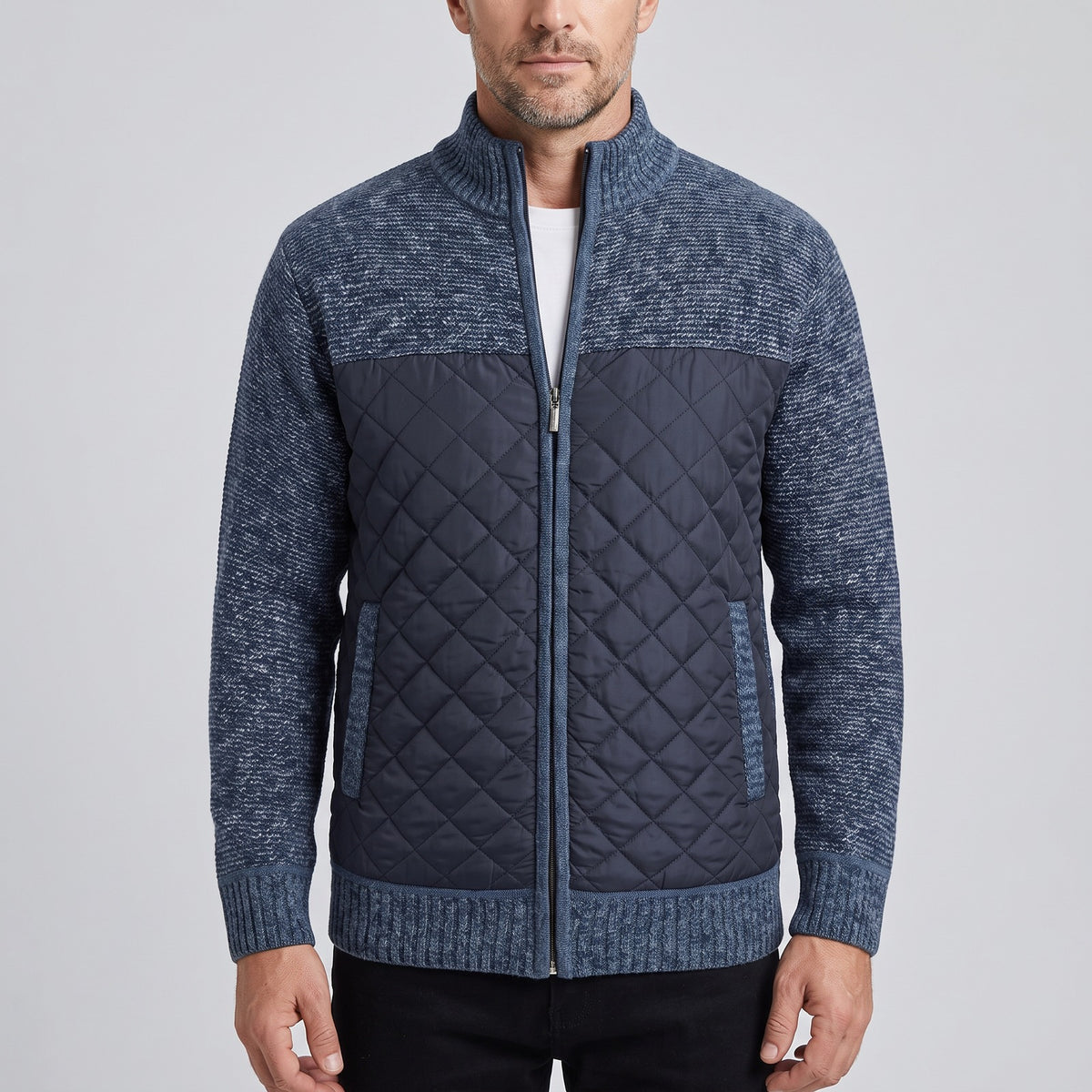 Gebreid herenjack met doorgestikt voorpand en fleecevoering - blauw