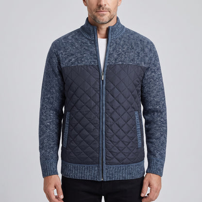 Gebreid herenjack met doorgestikt voorpand en fleecevoering - blauw