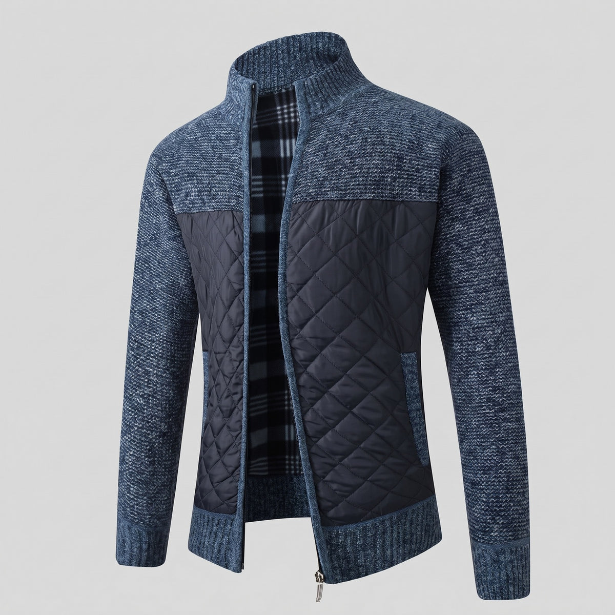 Gebreid herenjack met doorgestikt voorpand en fleecevoering - blauw