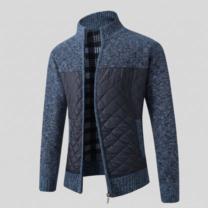 Gebreid herenjack met doorgestikt voorpand en fleecevoering - blauw
