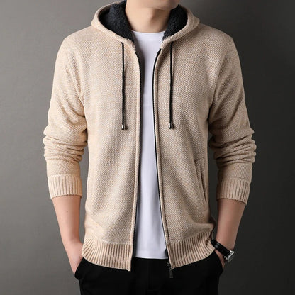 Gebreid herenvest met capuchon, rits en fleecevoering - beige