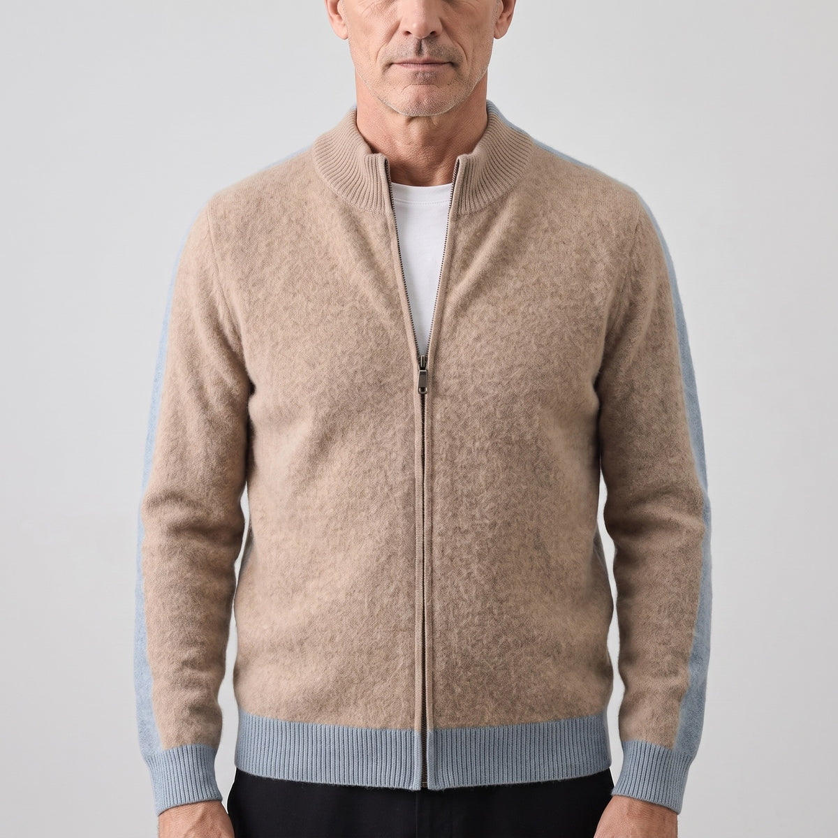 Gebreid herenvest met rits en mouwen in contrastkleur - zandbeige