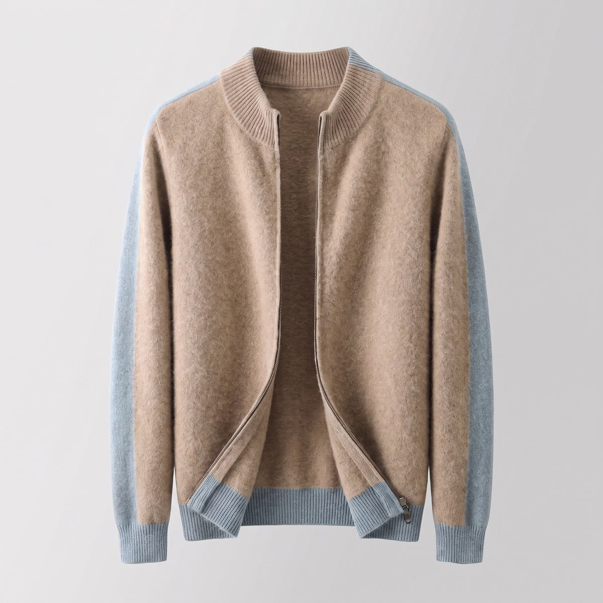 Gebreid herenvest met rits en mouwen in contrastkleur - zandbeige