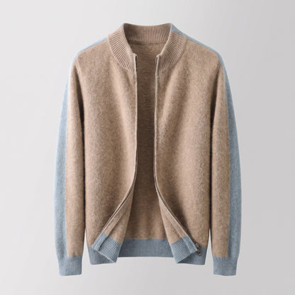 Gebreid herenvest met rits en mouwen in contrastkleur - zandbeige