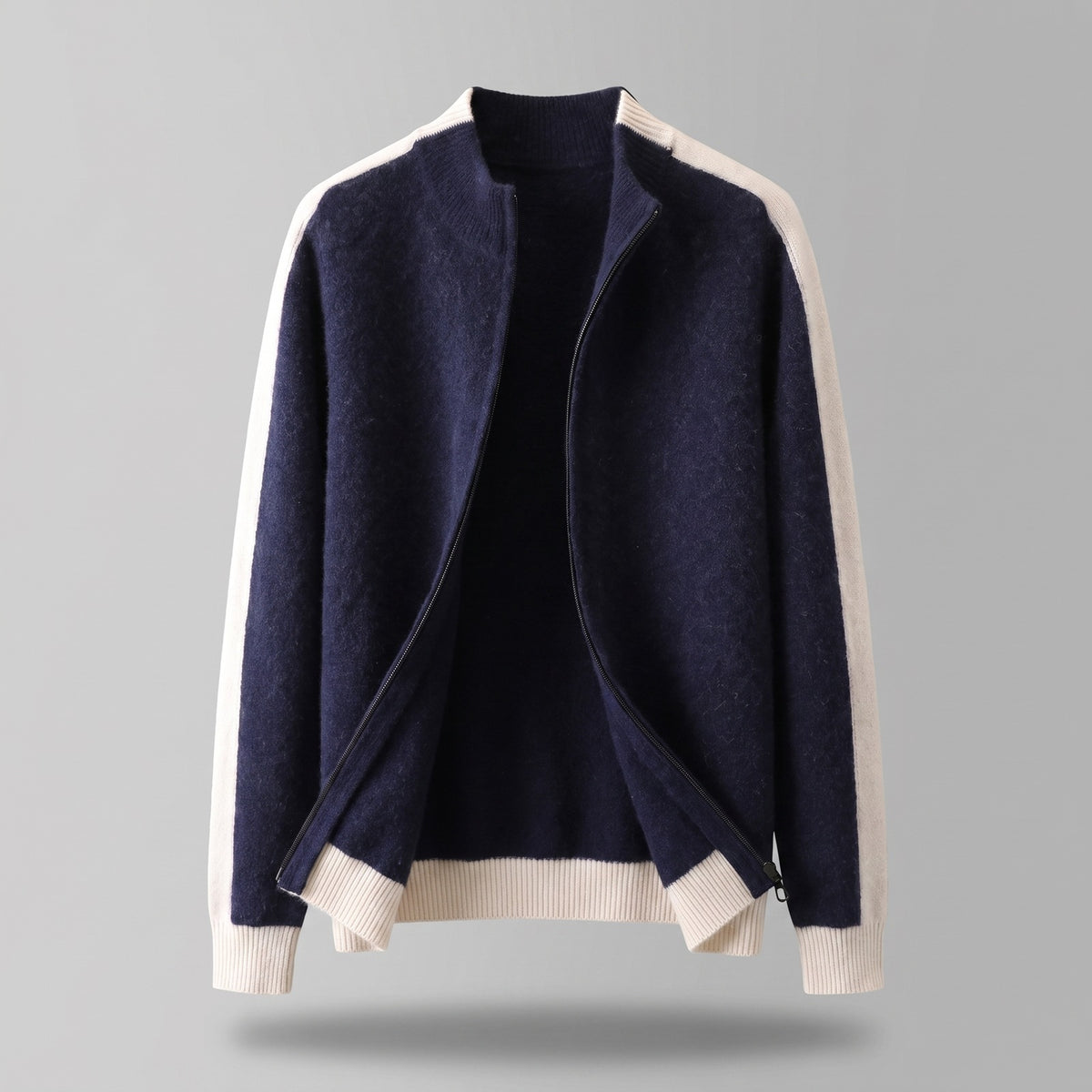 Gebreid herenvest met rits en mouwen in contrastkleur - marineblauw