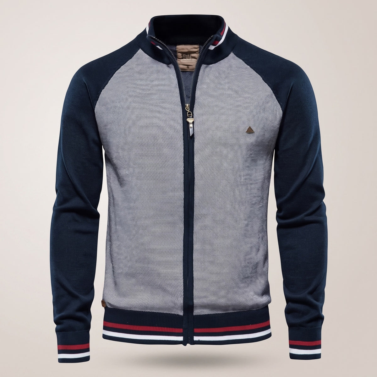 Gebreid herenvest met rits en gestreepte boorden - marineblauw