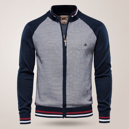 Gebreid herenvest met rits en gestreepte boorden - marineblauw