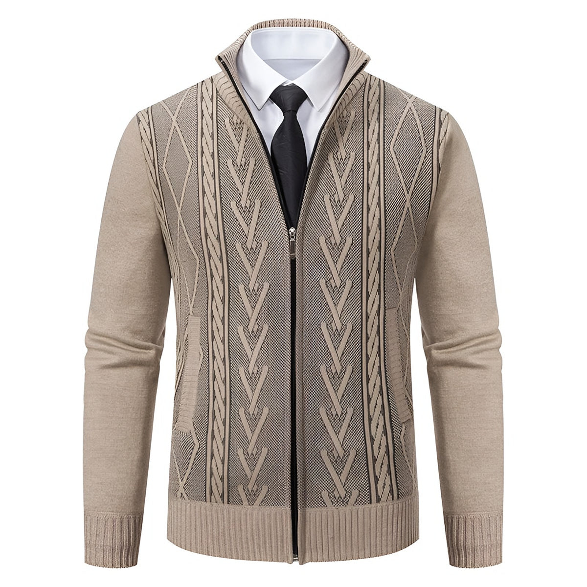 Beige gebreid herenvest met rits en opstaande kraag, voorkant