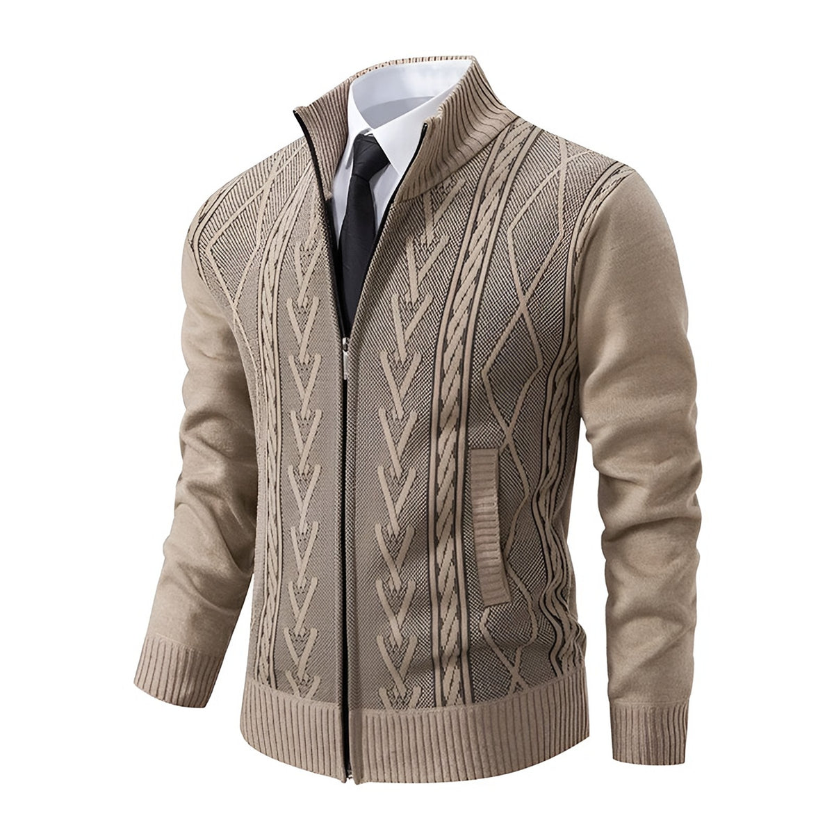 Beige gebreid herenvest met kabelpatroon, schuin van voren