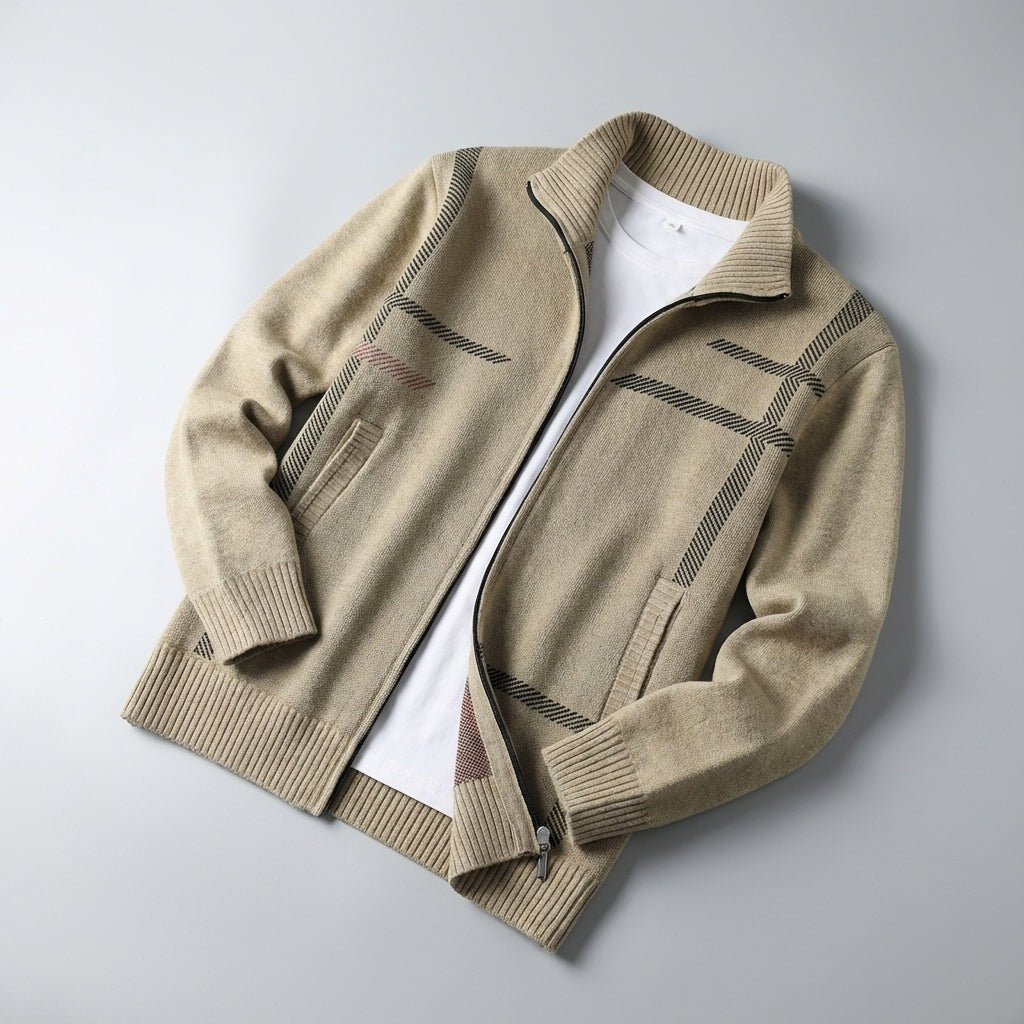 Gebreid herenvest met rits, opstaande kraag en schuin streepmotief - beige