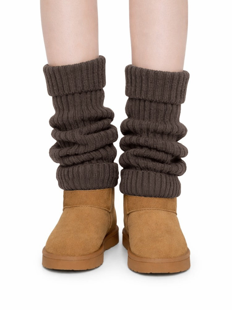 Gebreide beenwarmers voor dames in grove rib met omslagboord - bruin