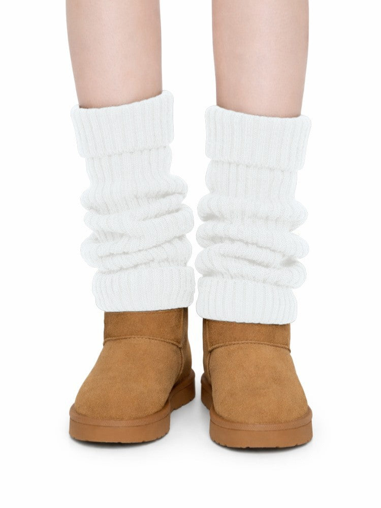 Gebreide beenwarmers voor dames in grove rib met omslagboord - wit