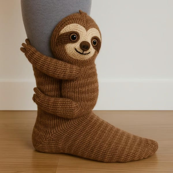 Gebreide dierensokken met 3D-knuffeldiertje op de schacht - luiaard