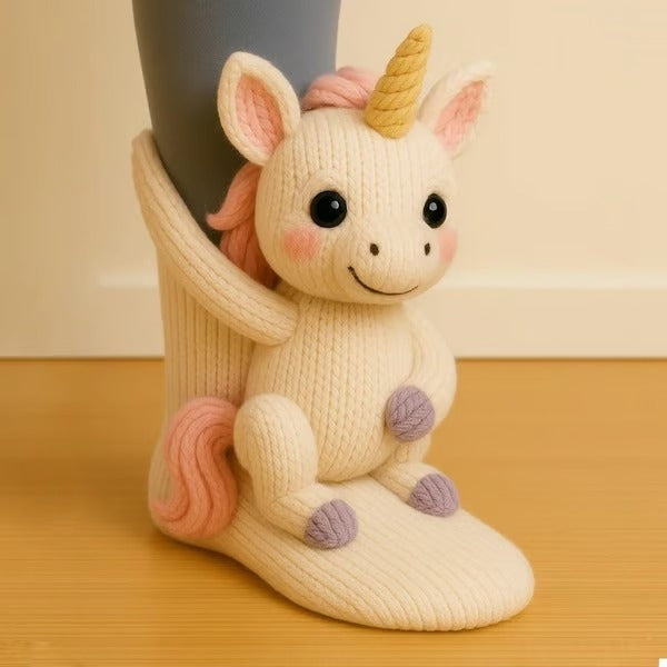 Gebreide dierensokken met 3D-knuffeldiertje op de schacht - eenhoorn