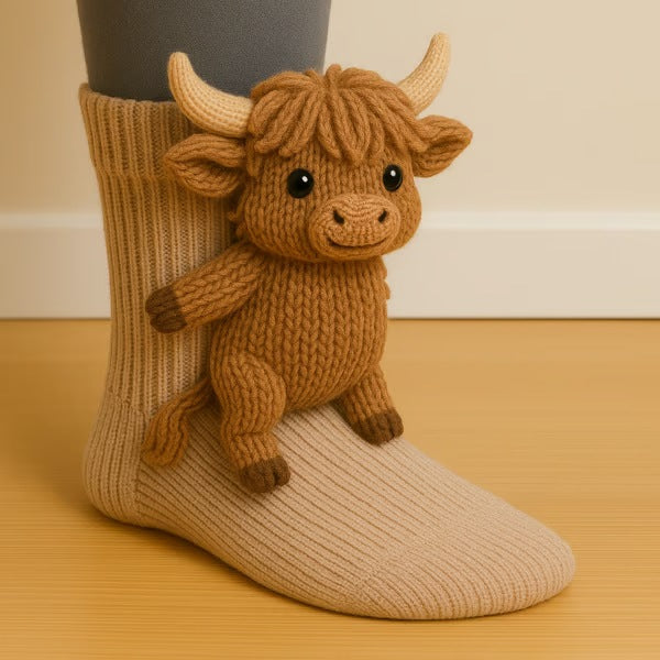 Gebreide dierensokken met 3D-knuffeldiertje op de schacht - schotse hooglander