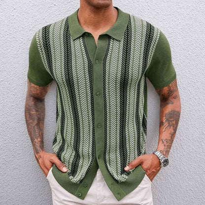 Gebreide herenpolo met doorlopende knoopsluiting en verticale jacquard strepen - olijfgroen