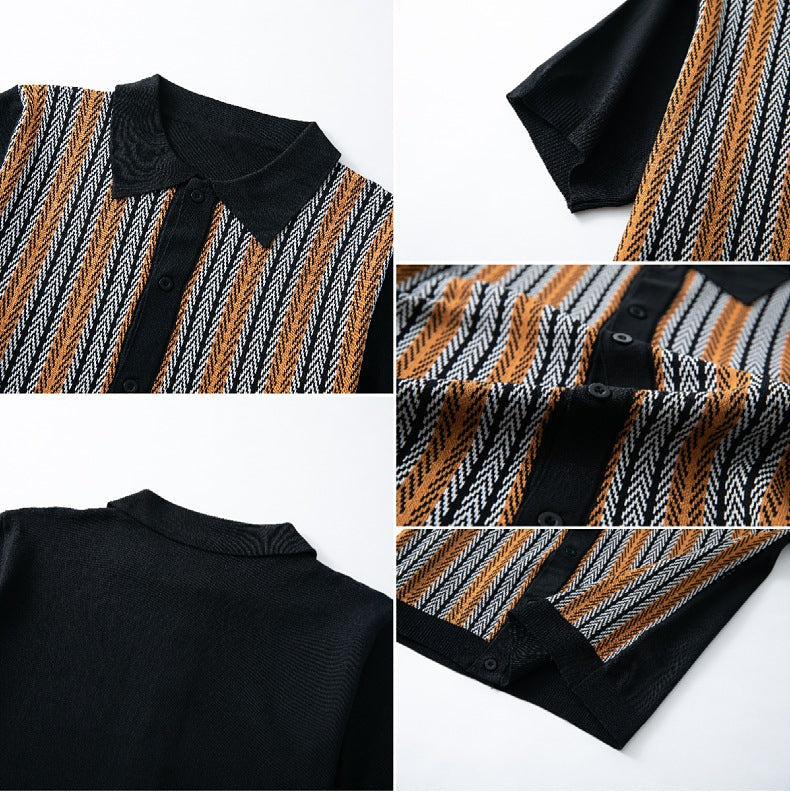 Gebreide herenpolo met doorlopende knoopsluiting en verticale jacquard strepen - beeld 5