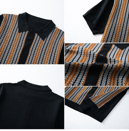 Gebreide herenpolo met doorlopende knoopsluiting en verticale jacquard strepen - beeld 5