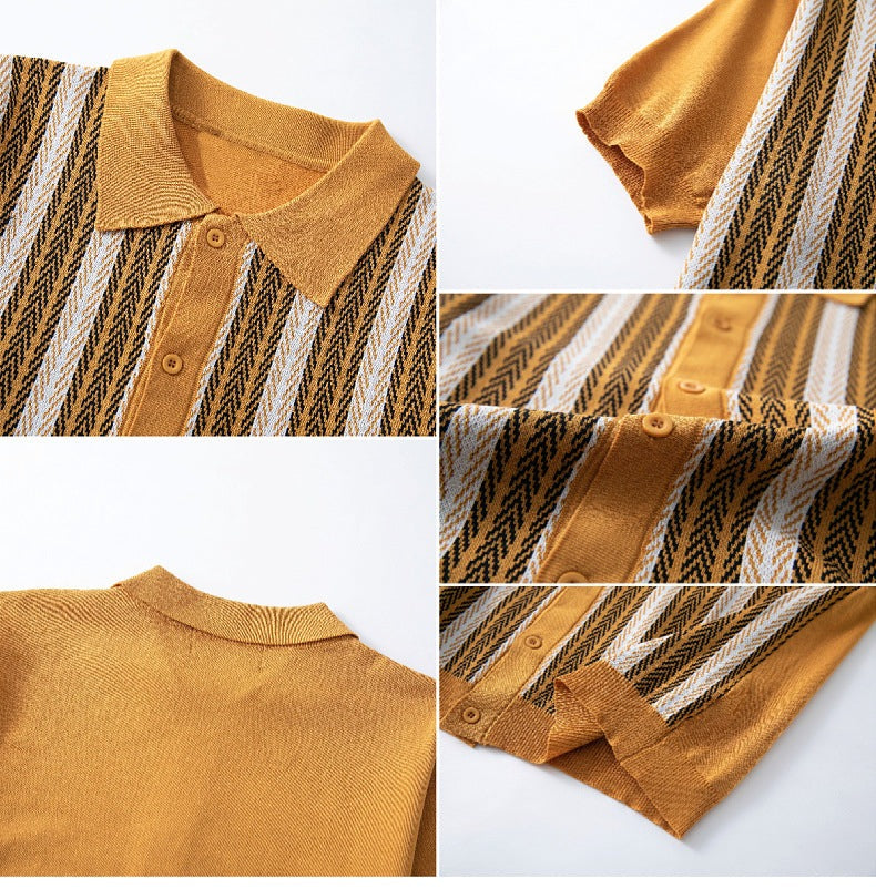 Gebreide herenpolo met doorlopende knoopsluiting en verticale jacquard strepen - beeld 8