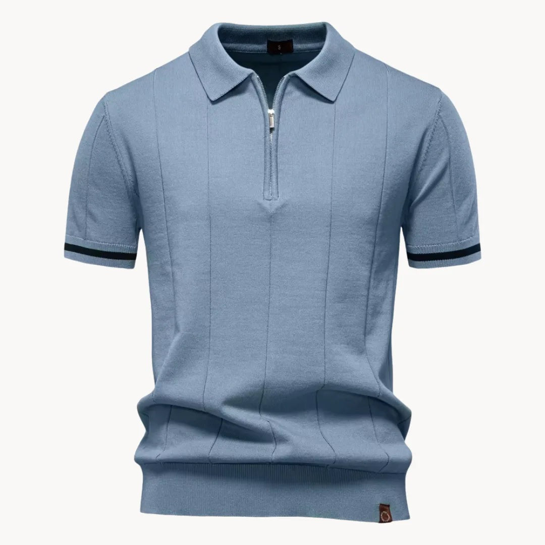Gebreide herenpolo met korte rits en gestreepte mouwboord - blauw