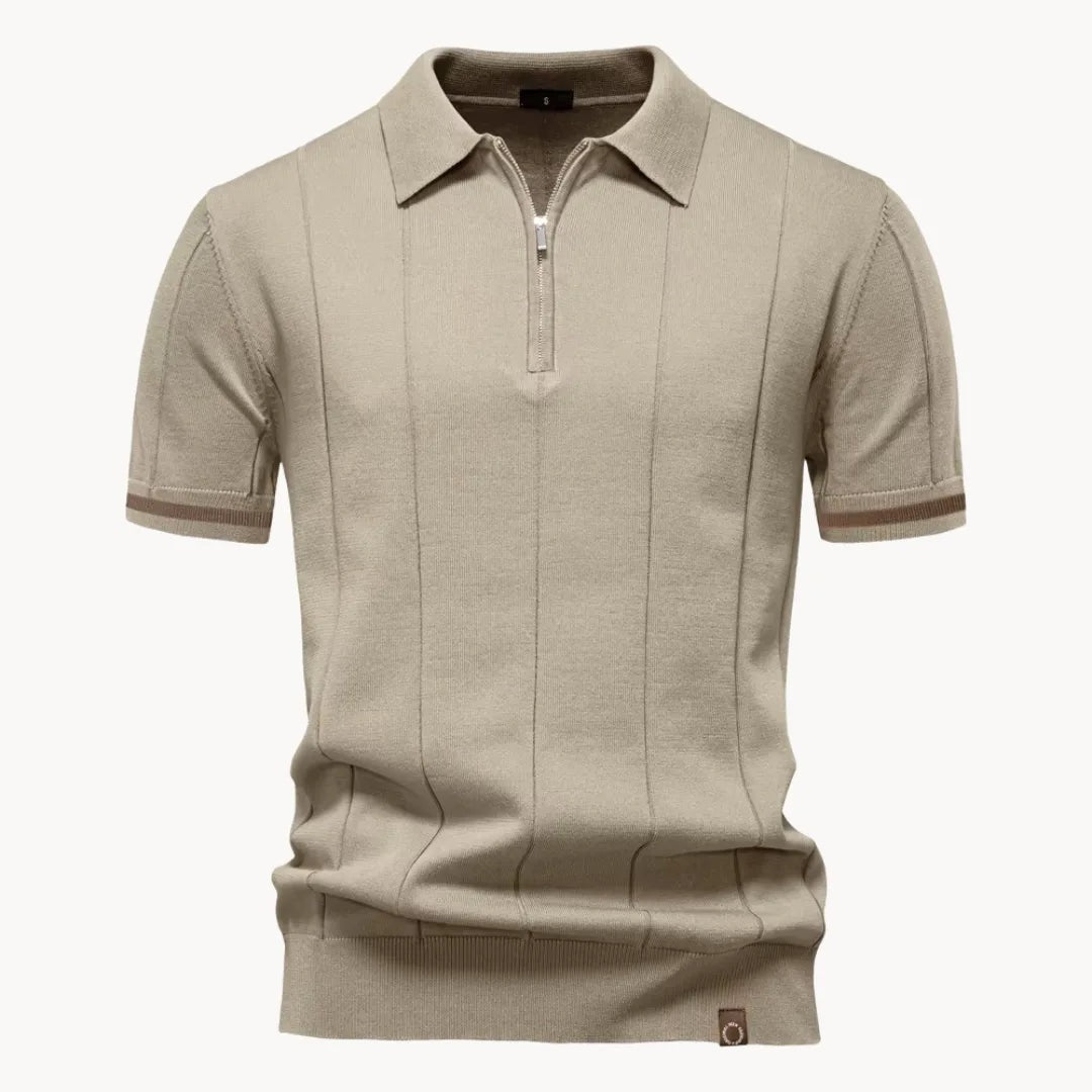 Gebreide herenpolo met korte rits en gestreepte mouwboord - beige