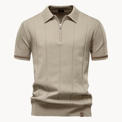 Gebreide herenpolo met korte rits en gestreepte mouwboord - beige