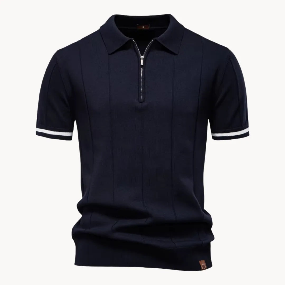 Gebreide herenpolo met korte rits en gestreepte mouwboord - marineblauw