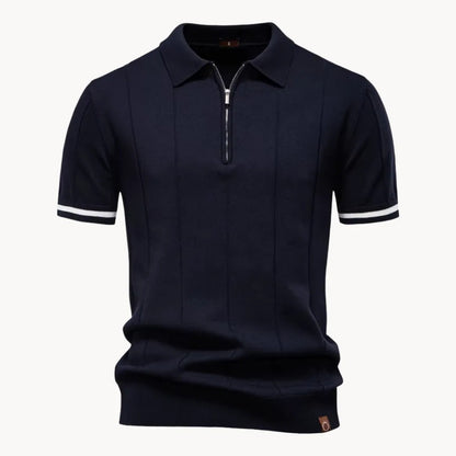 Gebreide herenpolo met korte rits en gestreepte mouwboord - marineblauw