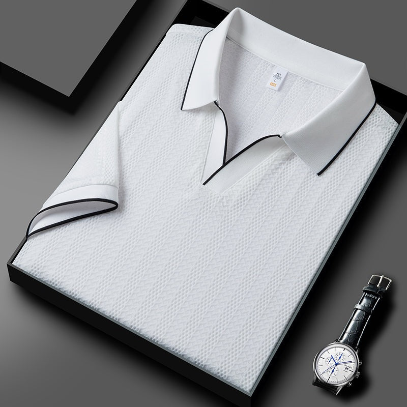 Gebreide herenpolo met open V-kraag en bies in contrastkleur - wit