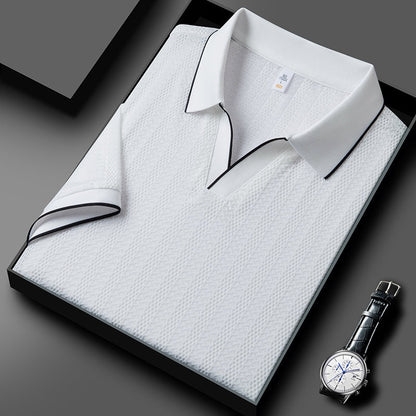 Gebreide herenpolo met open V-kraag en bies in contrastkleur - wit