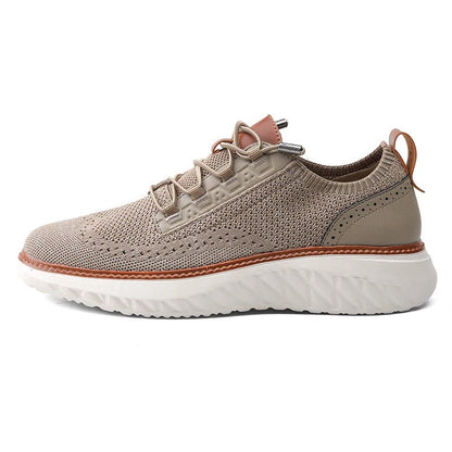Gebreide herensneakers met brogue hielstuk in leerlook, elastische veters en witte zool met ruitreliëf - beeld 3