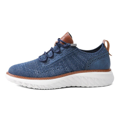 Gebreide herensneakers met brogue hielstuk in leerlook, elastische veters en witte zool met ruitreliëf - beeld 4