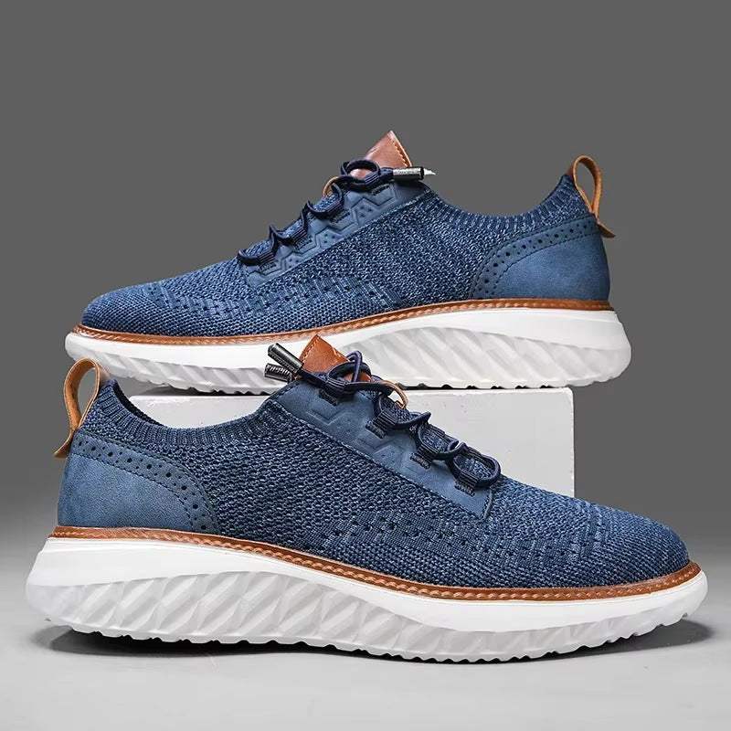 Gebreide herensneakers met brogue hielstuk in leerlook, elastische veters en witte zool met ruitreliëf - beeld 6