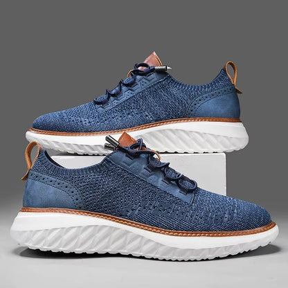 Gebreide herensneakers met brogue hielstuk in leerlook, elastische veters en witte zool met ruitreliëf - beeld 6