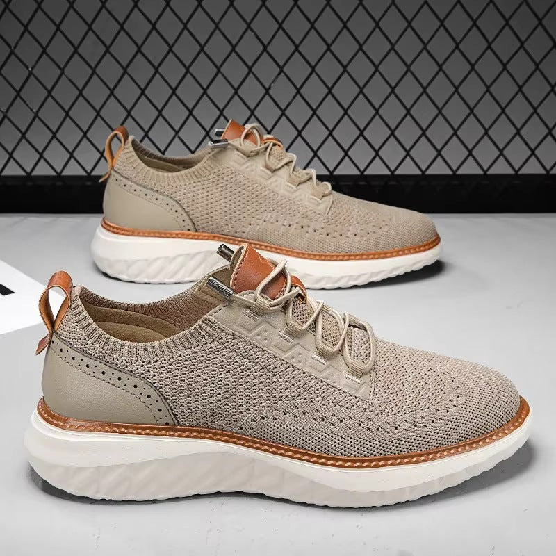 Gebreide herensneakers met brogue hielstuk in leerlook, elastische veters en witte zool met ruitreliëf - beeld 7