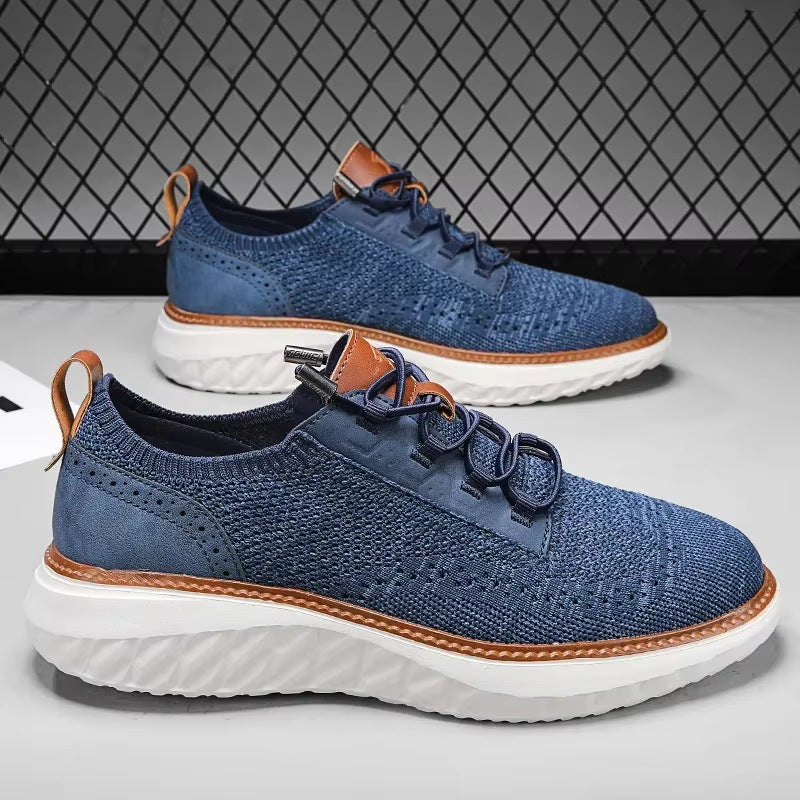 Gebreide herensneakers met brogue hielstuk in leerlook, elastische veters en witte zool met ruitreliëf - beeld 8