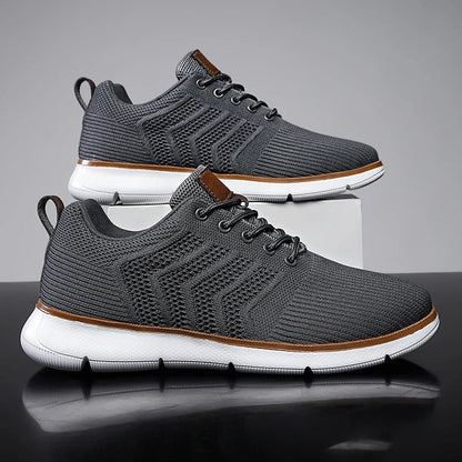 Gebreide herensneakers met open chevronmotief, lichte zool en tabje in leerlook - donkergrijs