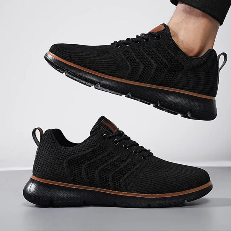 Gebreide herensneakers met open chevronmotief, lichte zool en tabje in leerlook - beeld 8