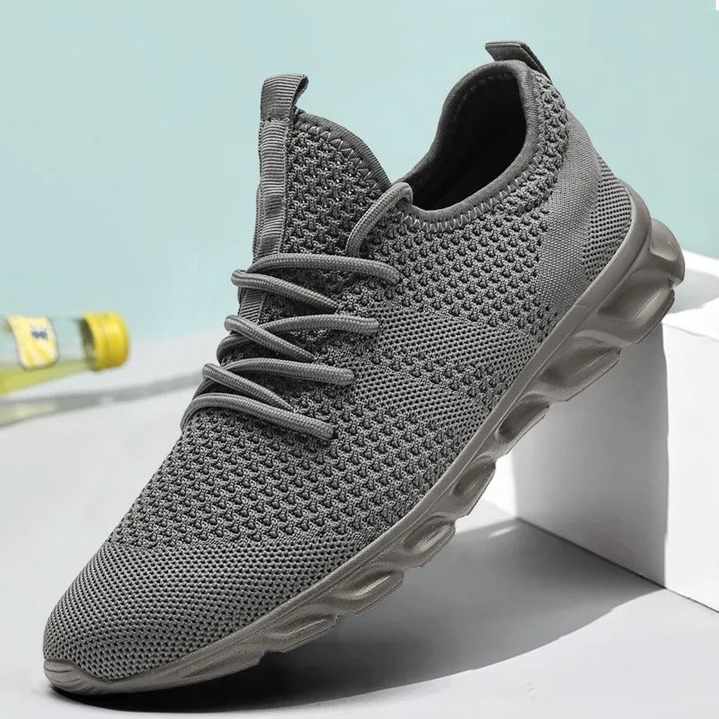 Gebreide herensneakers met sokachtige kraag, soepele golfzool en hiellus - grijs