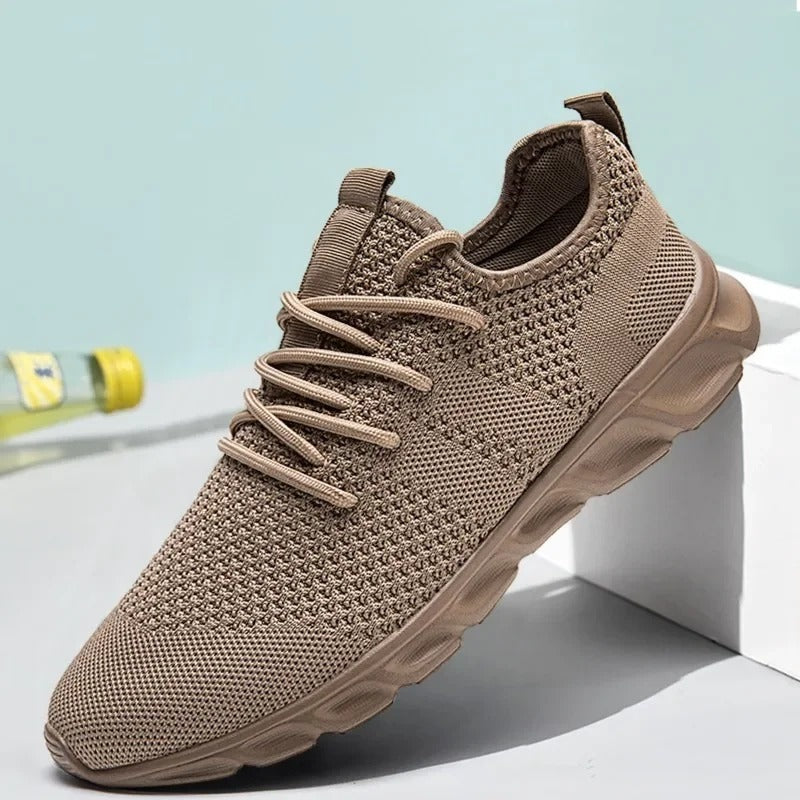 Gebreide herensneakers met sokachtige kraag, soepele golfzool en hiellus - beige