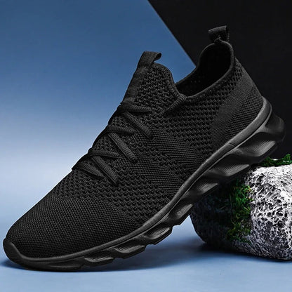 Gebreide herensneakers met sokachtige kraag, soepele golfzool en hiellus - zwart