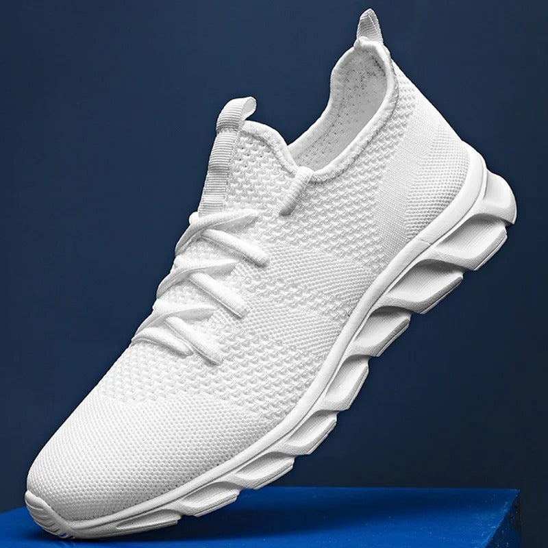Gebreide herensneakers met sokachtige kraag, soepele golfzool en hiellus - wit