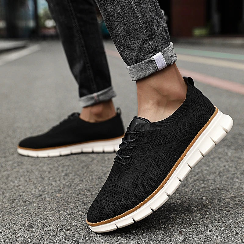 Gebreide herensneakers met vetersluiting in leerlook en lichte witte zool - beeld 6