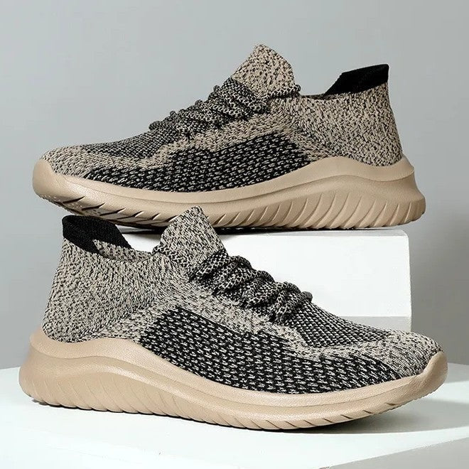 Gebreide herensneakers met sokmodel, veters en lichte dempende zool - beige gemêleerd