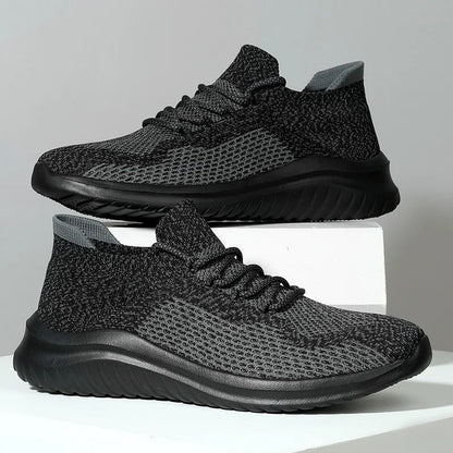 Gebreide herensneakers met sokmodel, veters en lichte dempende zool - antraciet