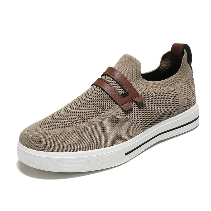 Gebreide instapsneakers voor heren met dubbel bandje in leerlook over de wreef - taupe