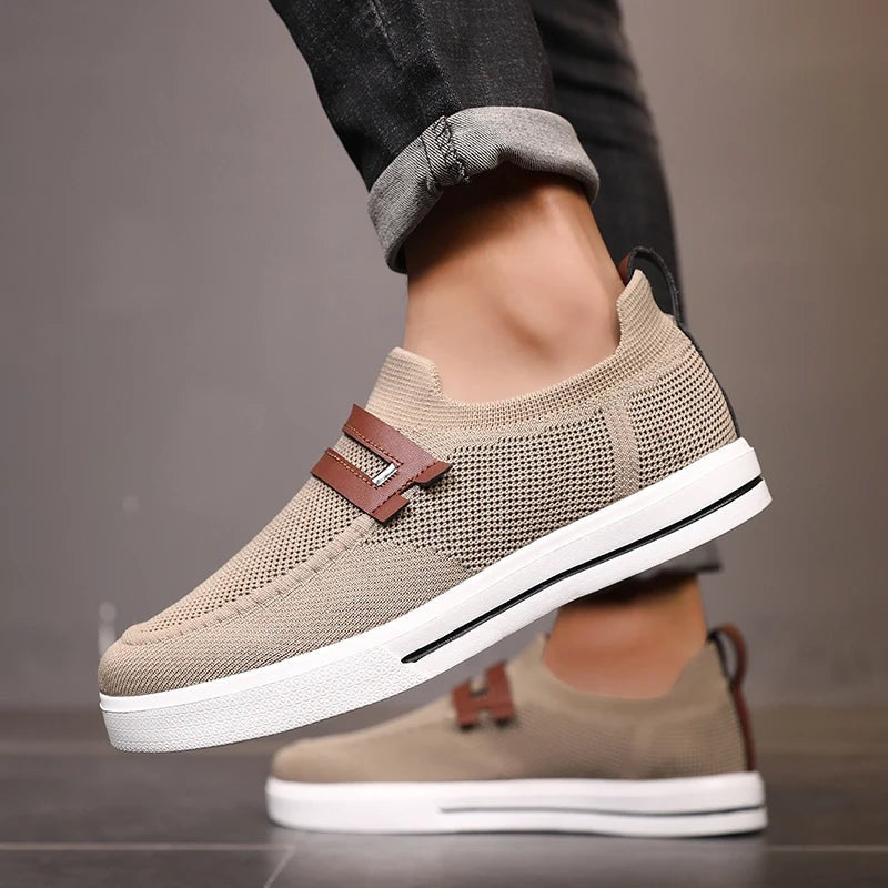 Gebreide instapsneakers voor heren met dubbel bandje in leerlook over de wreef - beeld 2